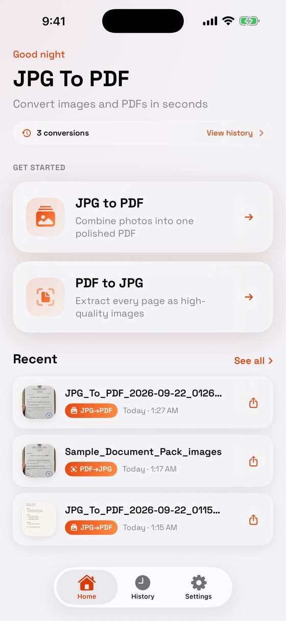 JPG To PDF home screen on iPhone with JPG to PDF and PDF to JPG tools and a list of recent conversions