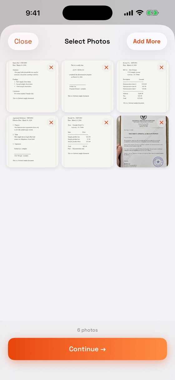 Selecting six document photos in the app before converting the images to PDF