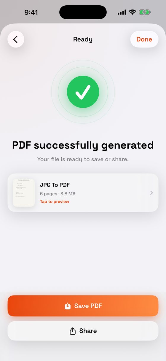 Conversion complete screen showing a six-page PDF ready to save to Files or share