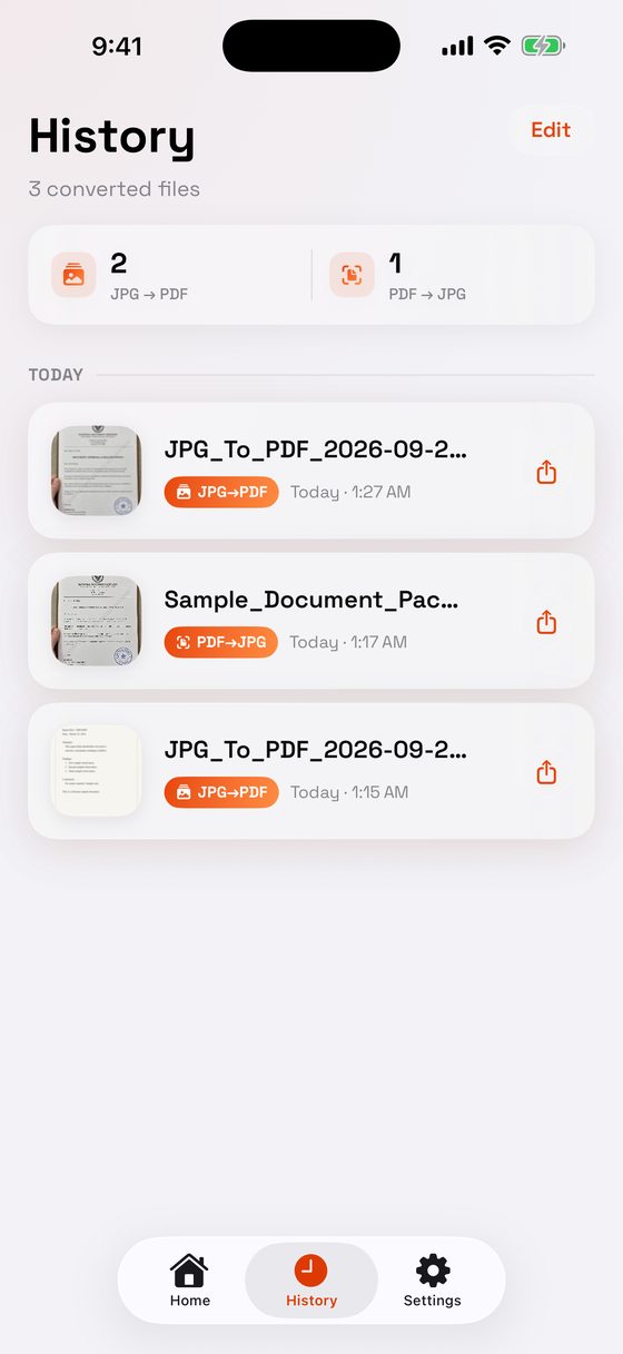 Conversion history listing past JPG to PDF and PDF to JPG files with re-share buttons