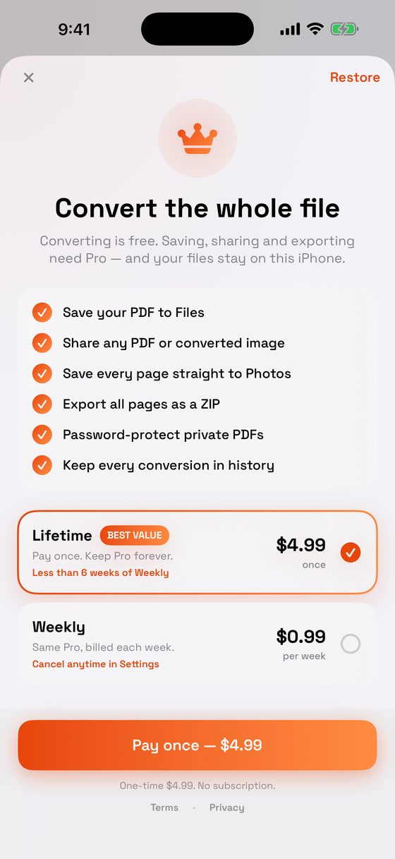 Pro unlock screen listing saving to Files, sharing, saving to Photos, ZIP export and password protection